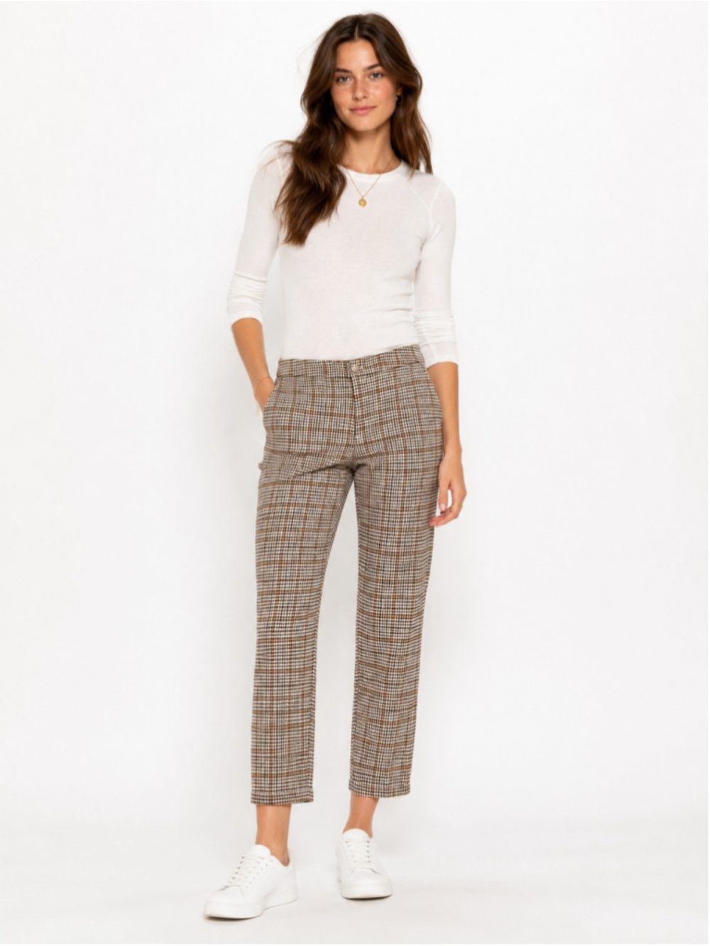 Anthropologie Plaid Cuffed Crop Trousers Size M Brown White